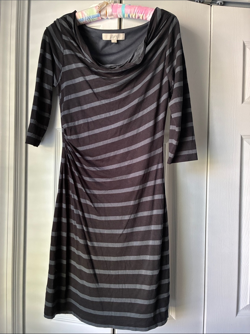 LOFT Black and Gray Striped Cowl-Neck Midi Dress